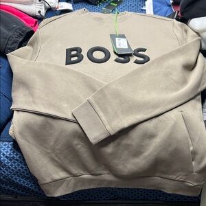 Boss Men's Crewneck Sweatshirt in Light Taupe with Black Logo